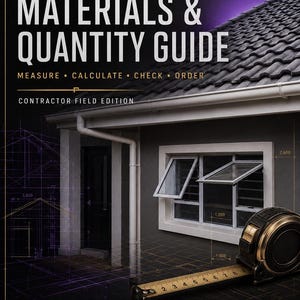 May include: A book cover titled Roofing Materials & Quantity Guide Contractor Field Edition by Marcon Studios. The cover features a house with a dark tiled roof, a measuring tape showing inches, and technical architectural grid lines in purple.