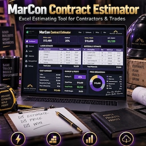 以下が含まれることがあります： MarCon Contract Estimator Excelツールを表示するノートパソコン。ダッシュボードには、人件費と材料費の見積もり、コストの概要、利益チャートが表示されています。手書きのメモが書かれたクリップボードが手前に置かれています。