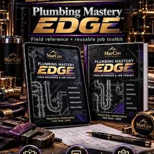 May include: A MarCon Studios Plumbing Mastery EDGE field reference and job toolkit set featuring a tablet, a printed manual, a pen, and a measuring tape. The materials display technical plumbing diagrams, checklists, and procedures in gold and white text.