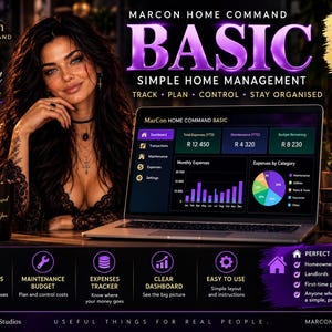 May include: A laptop displaying the MarCon Home Command Basic Excel dashboard, featuring financial tracking charts, expense categories, and maintenance logs. The screen shows a dashboard interface with purple and green accents, alongside text detailing home management features and property tracking tools for Windows and Mac users.