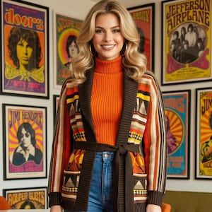 Vintage 1970’s Aztec Native Retro Striped Women’s Cardigan Knit Sweater Size M 6 8