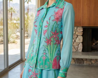 Conjunto vintage de 2 piezas AREMIS de los años 70: falda y camisa, estilo psicodélico Op Art, MOD, hippie boho, talla 6.