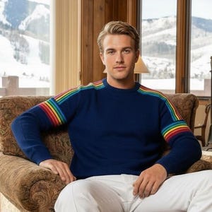 Vintage 1970’s Men’s Meister Blue Rainbow Retro Striped Knit Ski Sweater Size L