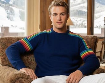 Suéter de esquí vintage Meister de punto a rayas retro azul arcoíris para hombre, años 70, talla L