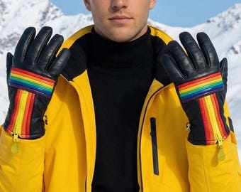 Talla L / Guantes de invierno vintage para hombre de los años 70, de cuero negro arcoíris, estilo hippie mod, para esquí, snowboard y snowboard.