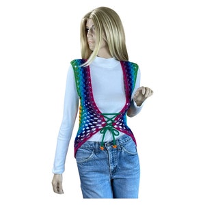 Vintage Women's Handmade Rainbow Crocheted Laced Hippie Vest Size XS / S image 3