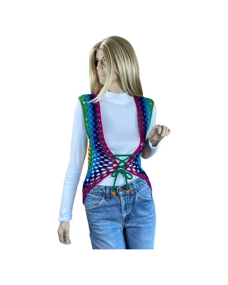 Vintage Women's Handmade Rainbow Crocheted Laced Hippie Vest Size XS / S image 3