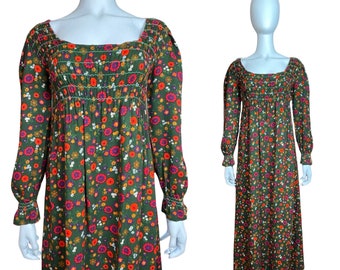 Vintage 1970's ZANIE of London Smocked Colorful Flower Hippie Boho Prairie Empire Waisted Woodstock Iconic Maxi Dress Size M