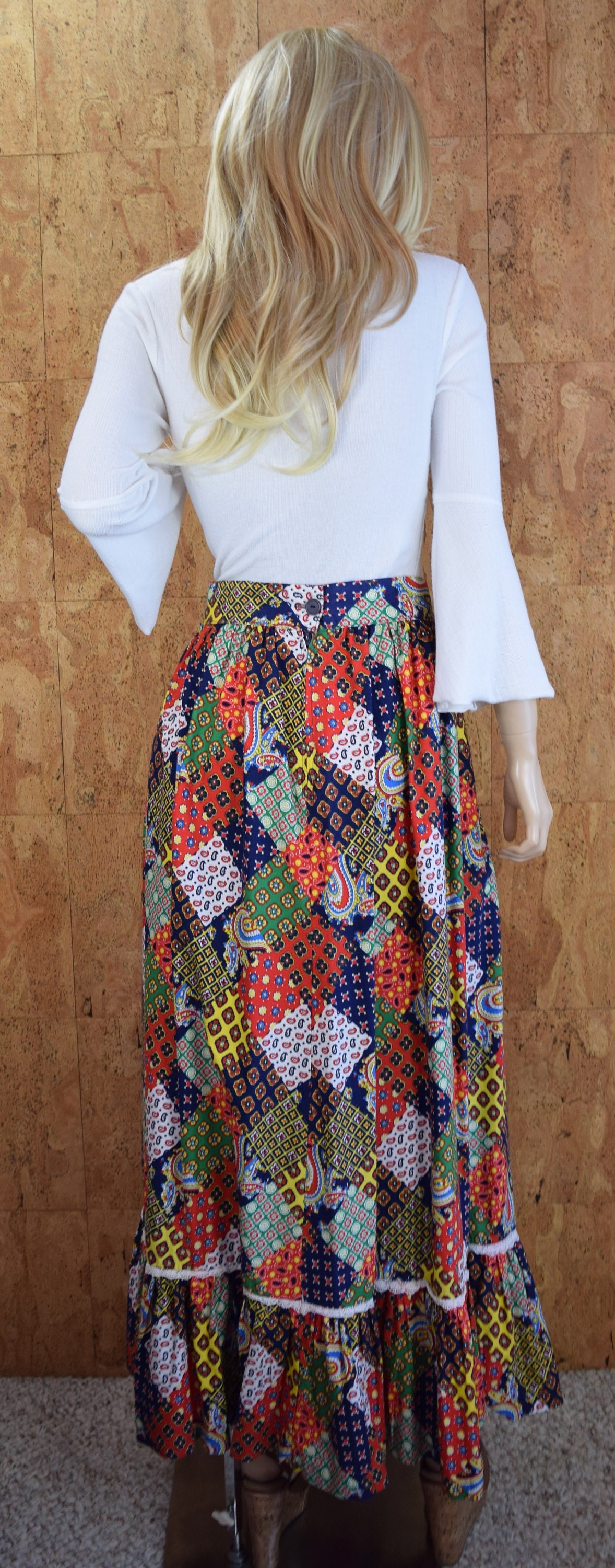 Vintage 1970s JR Bazaar Sears BOHO Long Skirt Polka Dot Red White Blue 13