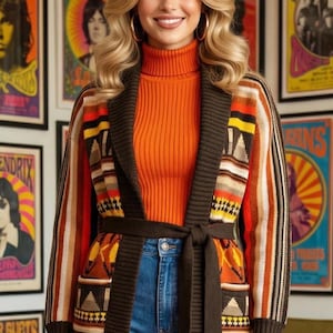 Könnte beinhalten: Eine Frau in einem Retro-Outfit. Sie trägt einen orangefarbenen Rollkragenpullover, eine Jeans und eine braune Strickjacke mit Muster und Gürtel. Im Hintergrund sind Vintage-Konzertplakate zu sehen.