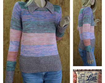 Vintage 1970's Women’s Multi-colored Pastel Space Dyed Striped Colorful Hippie Boho Disco Sweater Size M