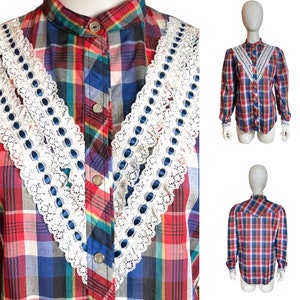 Vintage 1970's H Bar C California Ranchwear Women’s Colorful Plaid Striped Lace Prairie Western Hippie Boho Pearl Snaps Shirt Blouse Size L