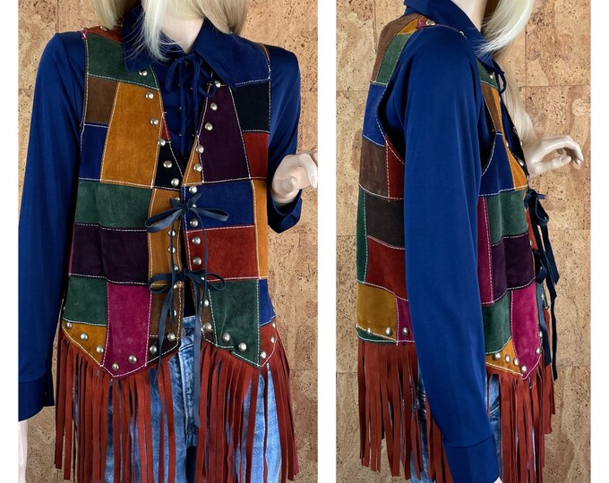 Featured listing image: Vintage 1970’s Women's Suede Patchwork Multicolored Colorful Hippie Boho Fringed Studded Vest Size M / L