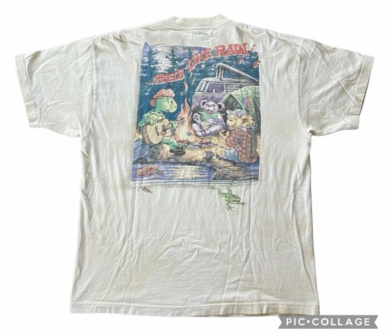 Puede incluir: Camiseta de color crema con un gr&aacute;fico colorido de animales de dibujos animados acampando. La imagen incluye una tortuga tocando la guitarra, osos alrededor de una fogata y el texto "LIKE RAIN". Tambi&eacute;n se ve una rana.