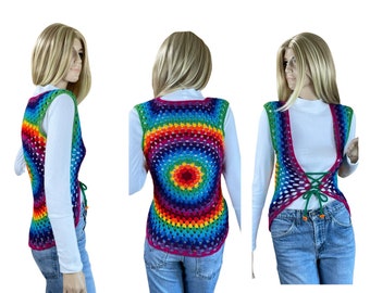 Vintage Women's Handmade Rainbow Crocheted Laced Hippie Vest Size XS / S