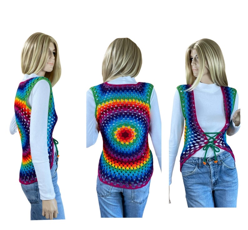 Vintage Women's Handmade Rainbow Crocheted Laced Hippie Vest Size XS / S image 1