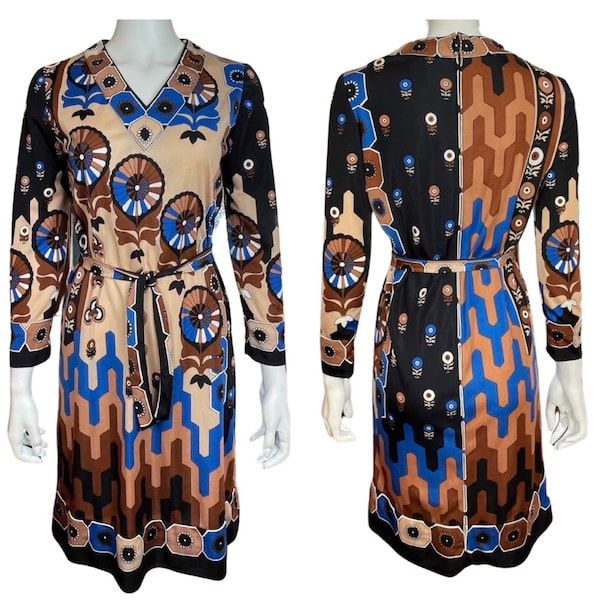 Vintage 1970’s Paganne Gene Berk Mod Boho Aztec Flower Op Art Patterned Couture Dress Size 12 M