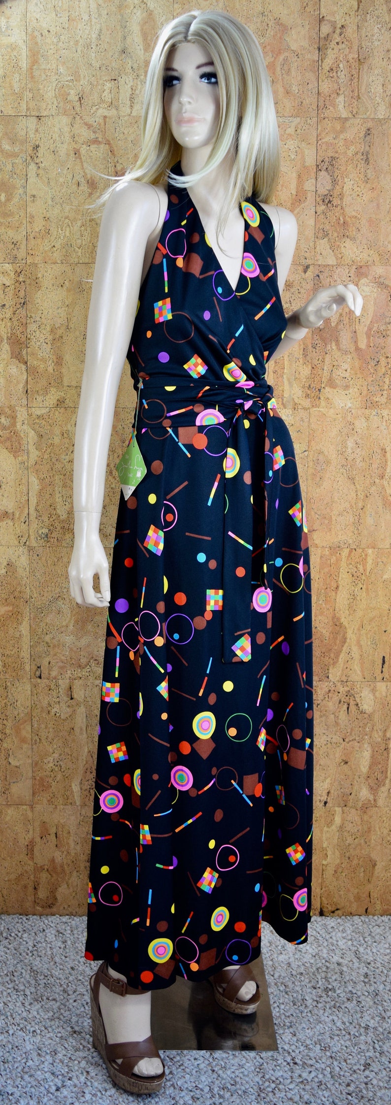 Never Worn NWT Vintage 1970/'s Jonathan Logan Women/'s Rainbow Neon Psychedelic Halter Disco Op Art Maxi Wrap Style Dress Size S 9