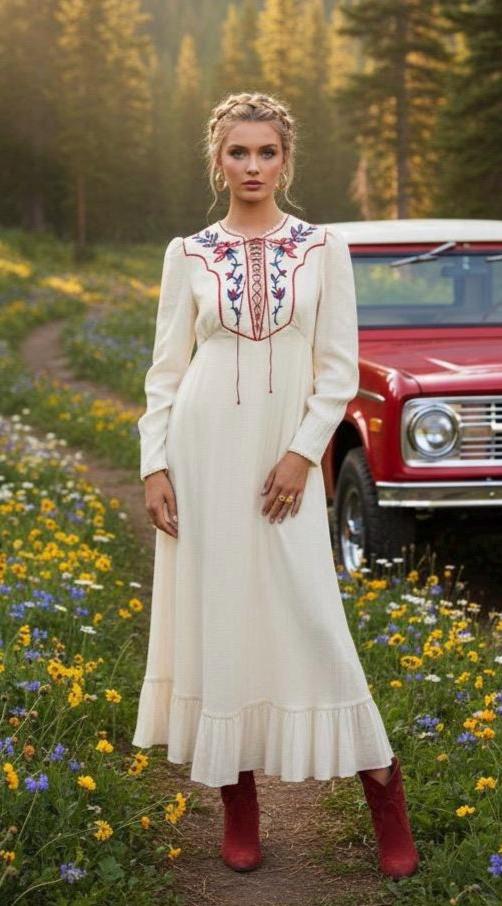 Vintage 1970's Candi Jones Embroidered Rose Laced Prairie Western