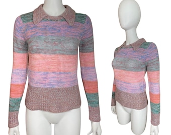 Vintage 1970's Women’s Multi-colored Pastel Space Dyed Striped Colorful Hippie Boho Disco Sweater Size S