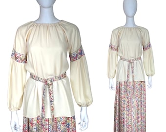 Vintage 1960’s | 70’s Beverly Paige Hippie  Boho Embroidered 3 Piece Skirt Blouse & Belt Set Outfit Size 12 M