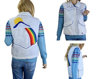 Vintage 1980’s Women's Sergio Valente Rainbow Cloud Sun Appliquéd Western Hippie Hipster Puffer Ski Vest Size M