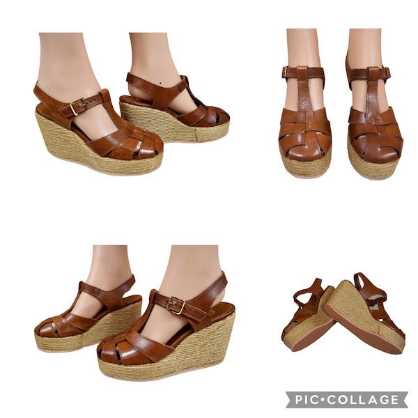 Sz 6 - Nos Vintage 1970's Women's SBICCA Caramel Brown Leather Wedged Platform Hippie Boho Huarache Sandals Shoes Size 6