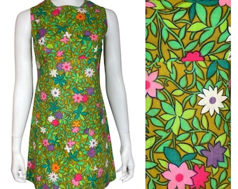 Vintage 1960's Sambo’s Dolly Rockers MOD Carnaby St. Go-Go Flower Patterned Hippie Cotton Micro Mini Dress Size XS