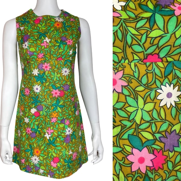 Vintage 1960's Sambo’s Dolly Rockers MOD Carnaby St. Go-Go Flower Patterned Hippie Cotton Micro Mini Dress Size XS