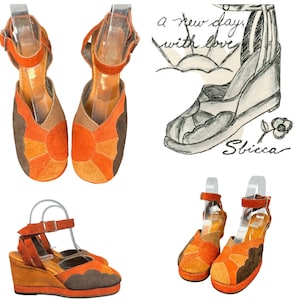 Puede incluir: Sandalias de cuña de ante naranja y marrón con correas en el tobillo. Las sandalias presentan un diseño de sol en la puntera y un tacón de cuña. La imagen también incluye un boceto de un zapato similar con el texto "a new day, with love" y "Sbicca".