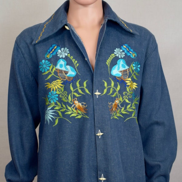 Vintage 1970's Men's Mexican Denim Embroidered MUSHROOM Flower HiPPiE RoCk sTaR Shirt Light Jacket Size L