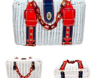 Vintage 1960's MOD Arrows Buckles Red White & Blue Wicker Lucite Handle Handbag Purse - Made in Hong Kong -