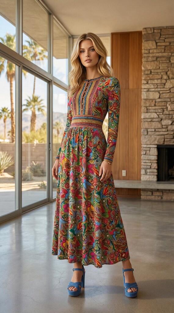 Vintage 60's GOLDWORM Couture Mexican Aztec Patterned Wool Knit Maxi Dress Size 4 6 Vintage 60's GOLDWORM Couture Mexican Aztec Patterned Wool Knit Maxi Dress Size 4 6