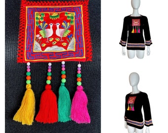 NWT Vintage 1970's Women's ASIAN Metallic Ethnic Bird NEON Beaded Tassels Knit HiPPiE BoHo Tunic Sweater Size M L