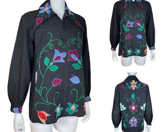 Vintage 1960’s Women’s Folk Art Velvet Flower Appliquéd Embroidered Hippie Boho Shirt Size M / L