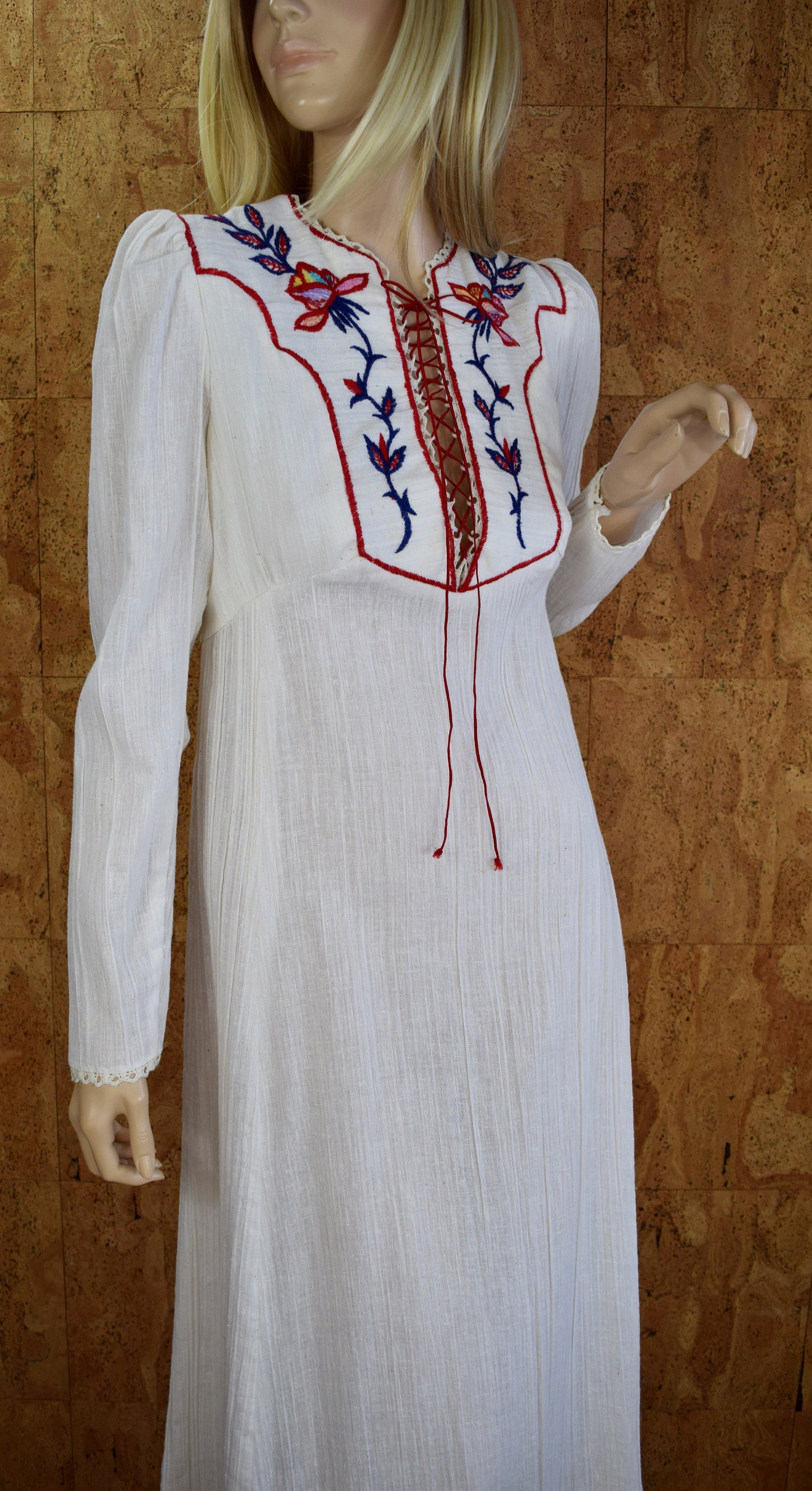 Vintage 1970's Candi Jones Embroidered Rose Laced Corset Prairie Western Womenâs Maxi Dress Size M