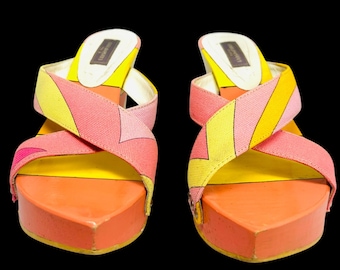 Vintage Y2K Emilio Pucci Mod Wedged Platform Sandals Shoes Size EU 36 | US 6