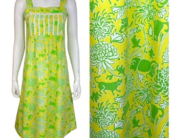 Vintage 1970’s The Lilly Pulitzer Yellow & Green Cat Animal Print Cotton Sun Dress Size M