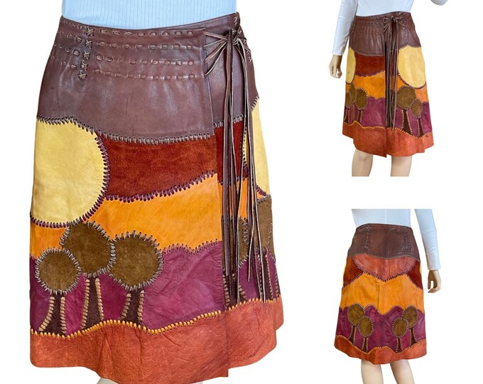 Featured listing image: Vintage 1970's CHAR Patchwork Sunset Tree Suede & Leather Rich Hippie Boho Festival Western Couture Skirt Size 8 / S