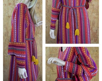 Vintage 1960's | 70's Women’s Cracker Jax California Colorful Woven Tapestry Aztec Ethnic HiPPiE Boho Mini Dress Size M
