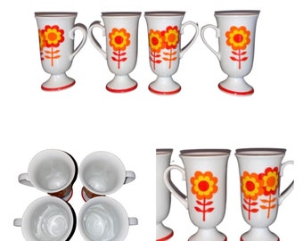 Nos Vintage 1960’s MCM Flower Power Daisy MOD Bright Colorful Pedestal Tulip Mugs Set of 4 Glasses Drinkware - Never Used - Deadstock