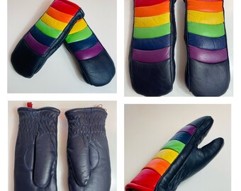 Vintage 1970's Women’s Rainbow Leather Retro Ski Gloves Mittens Wear Size XS