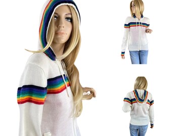 Vintage 1970’s Women’s MISTER NOAH White Rainbow Striped Knit Sweater Zippered Cardigan Hoodie Size M