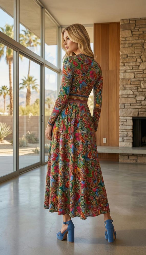 Vintage 60's GOLDWORM Couture Mexican Aztec Patterned Wool Knit Maxi Dress Size 4 6