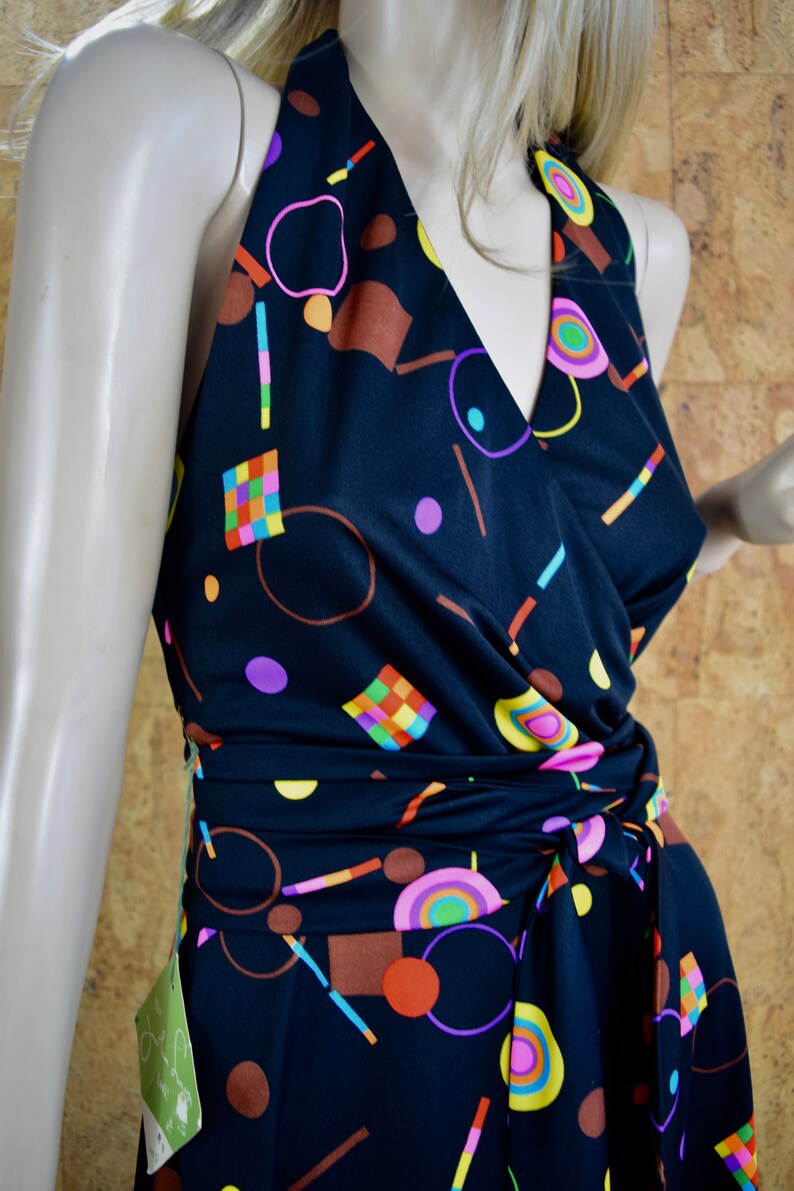Never Worn NWT Vintage 1970/'s Jonathan Logan Women/'s Rainbow Neon Psychedelic Halter Disco Op Art Maxi Wrap Style Dress Size S 9