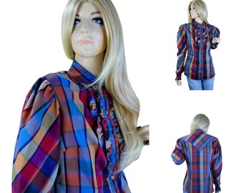 Vintage 1970's | 80's Women’s Colorful Plaid Striped Ruffled Prairie Western Hippie Boho Shirt Blouse Size M / L