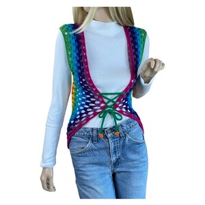 Vintage Women's Handmade Rainbow Crocheted Laced Hippie Vest Size XS / S image 6