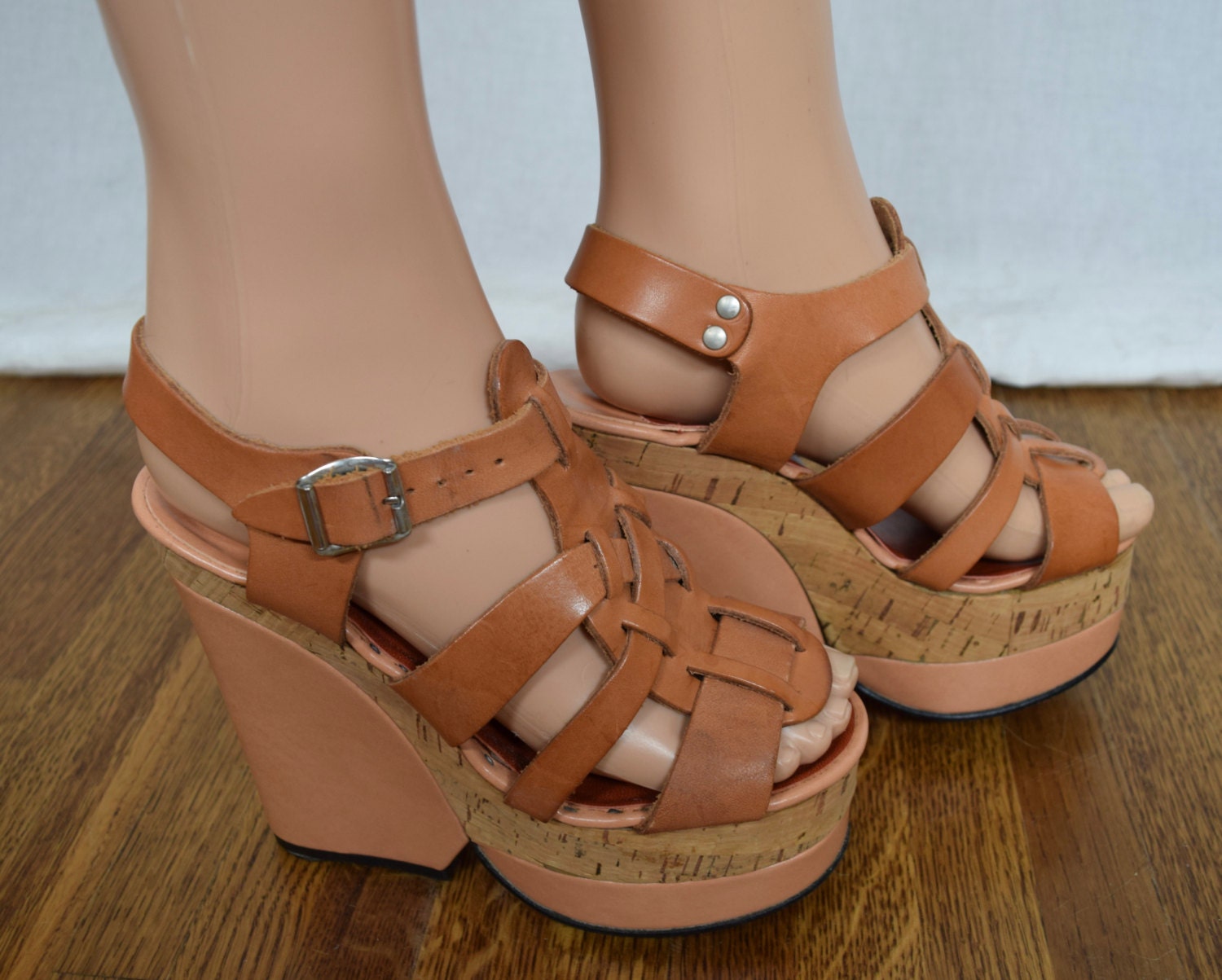 Vintage 1970's Di Orsini Gladiator Cork & Leather HUGE Platform Shoes ...