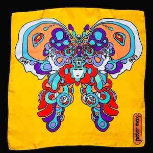 May include: A square, yellow scarf featuring a vibrant, psychedelic butterfly design in shades of orange, purple, blue, and red. The scarf has the text "peter max" in a vertical rectangle in the lower right corner.
