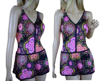 Vintage 1960's PETER PAN Psychedelic MOD Neon Flower Hippie Swimsuit One Piece Skirted Size 12 S/M